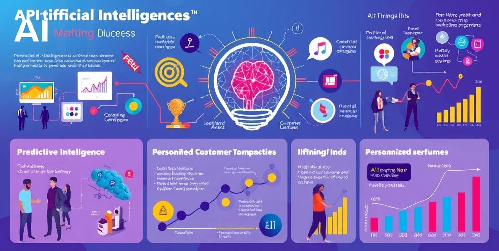 An infographic showing the various applications of artificial intelligence in successful brands, with vibrant colors and clear illustrations of AI-driven processes in marketing and customer service.