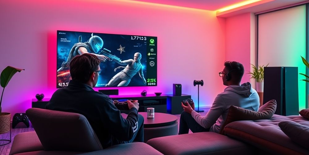 A modern stylish living room with two gamers intensely playing on a large 4K TV, next-gen consoles like PlayStation 5 and Xbox Series X on display, colorful RGB lighting creating a competitive yet cozy gaming atmosphere.