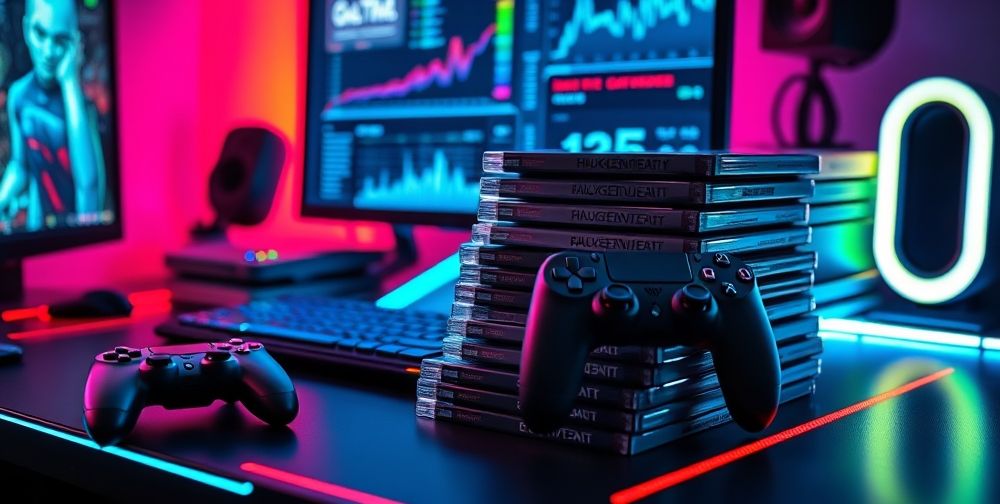 A close-up of a futuristic gaming setup: sleek next-gen controllers, stacks of popular game titles, and a digital display showing gameplay statistics, all arranged on a high-tech gaming desk with ambient LED lighting.
