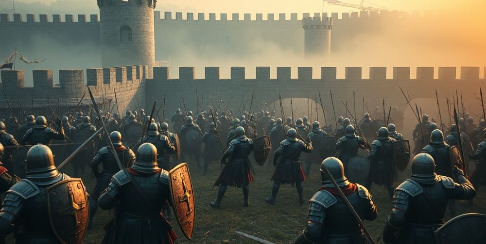 An epic medieval battle scene at a historically accurate fortress, with AI-controlled soldiers wearing authentic armor, engaging in strategy-driven maneuvers in misty dawn light.