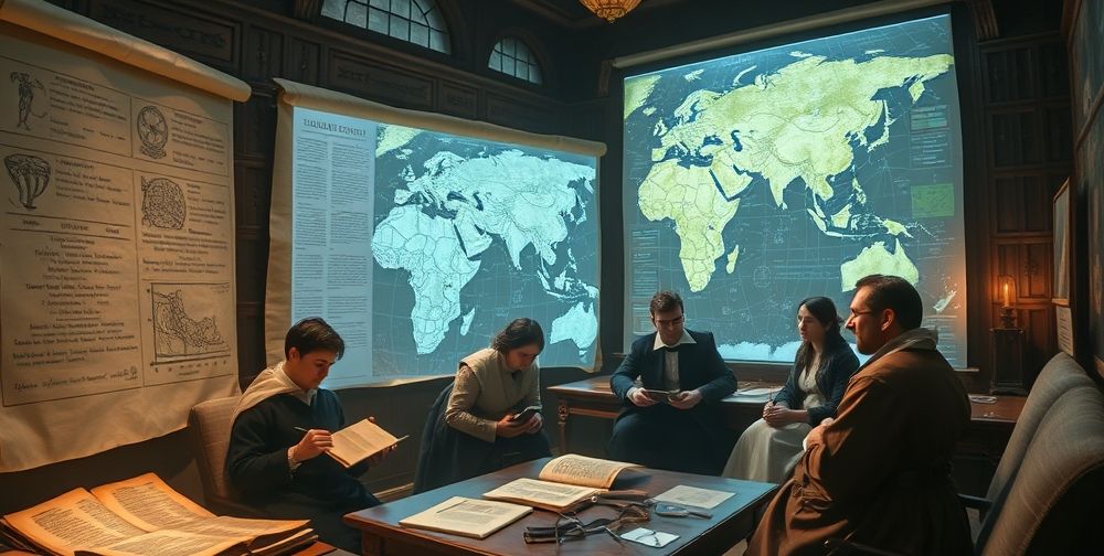 A detailed scholars’ chamber with ancient manuscripts, AI-powered interactive holograms illustrating historical maps, and students in period dress discussing strategies inspired by real history.