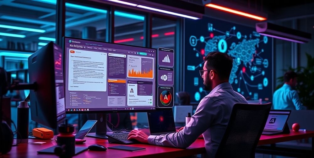 A modern workspace showing a Persian content creator collaborating with an advanced AI-driven computer interface, displaying SEO analytics, optimized article outlines, and keyword maps, set in a vibrant tech-focused office.