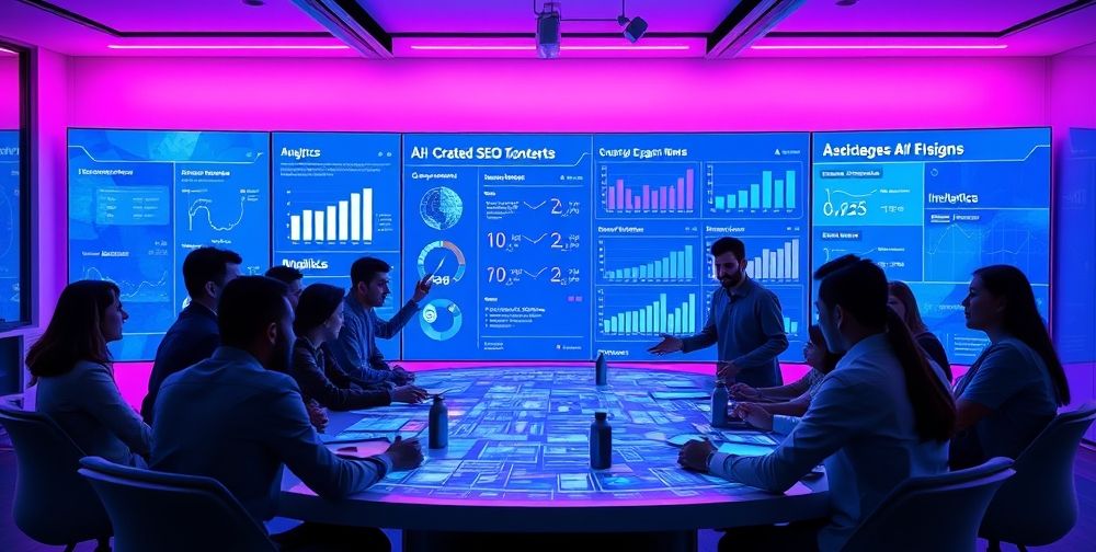 A futuristic Persian digital agency brainstorming around a large interactive screen displaying AI-generated SEO content drafts, user engagement charts, and real-time analytics, conveying innovation and teamwork.