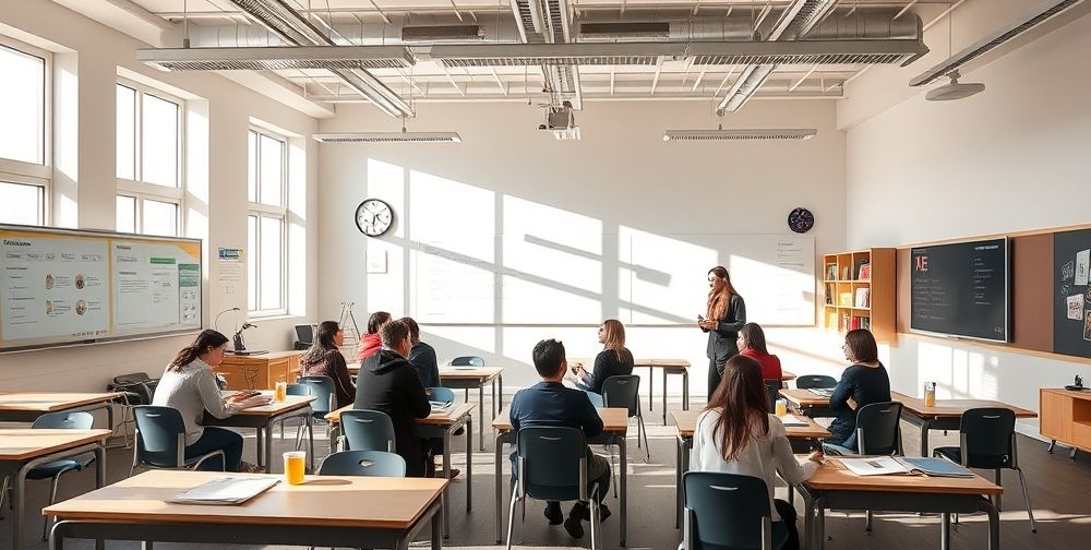 A modern classroom in Iran with flexible seating, digital whiteboards, and a diverse group of students and teachers actively collaborating on a weekly schedule redesign. Natural lighting and learning materials visible.