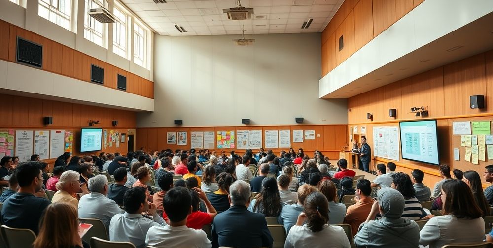 A community forum in a school hall where Iranian parents, teachers, and students discuss new weekly school timetable innovations. Lively debates, notes on bulletin boards, and digital presentation tools.