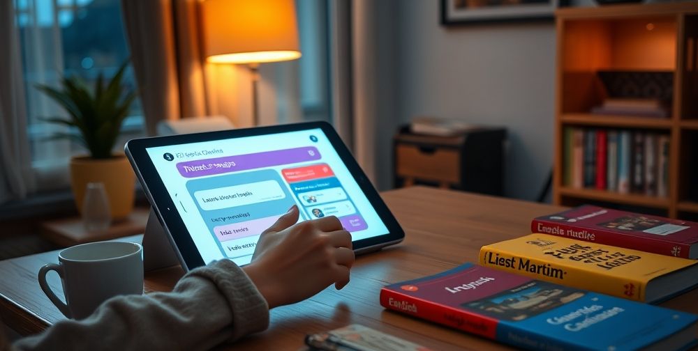 A cozy modern home office setting at night, with a person practicing English via a language learning app on a tablet, an AI-powered chatbot visible, and digital language flashcards open. Soft light, a cup of tea nearby, and books with language titles scattered on the table.