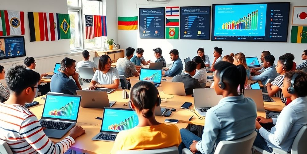A group of diverse young adults sitting in a bright digital classroom, each with a laptop and wireless headphones, interacting with virtual AI tutors on their screens. Smartboards display graphs tracking language learning progress, and international flags decorate the room.