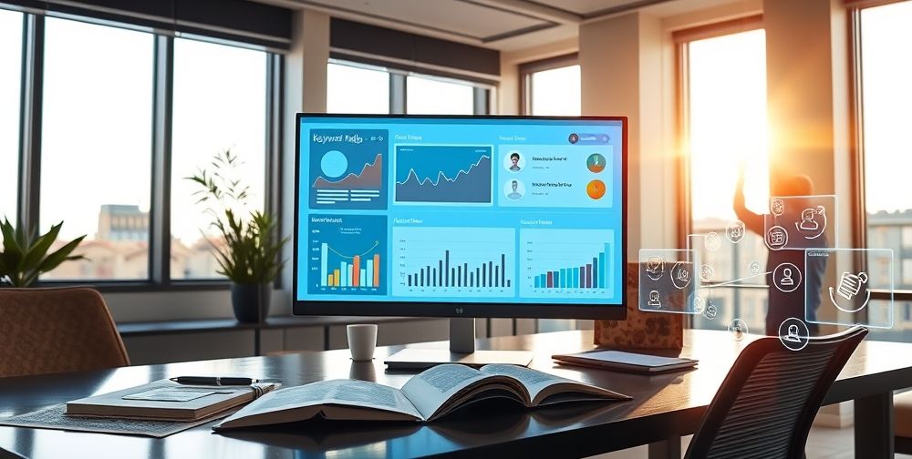 A modern Persian digital marketing workspace featuring a large computer monitor, charts filled with keyword graphs, Persian notepads, and virtual assistants powered by AI, all bathed in natural light, symbolizing technology and teamwork.