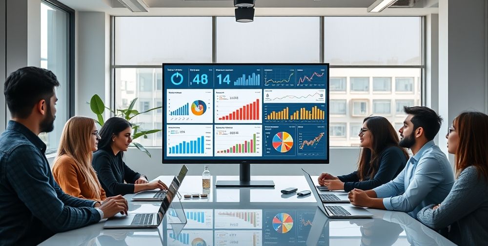 A modern office environment with Persian digital marketers gathered around a sleek monitor displaying vibrant, real-time website analytics dashboards, graphs, and heatmaps powered by AI. Multiple devices and diverse people reflect teamwork and innovation.