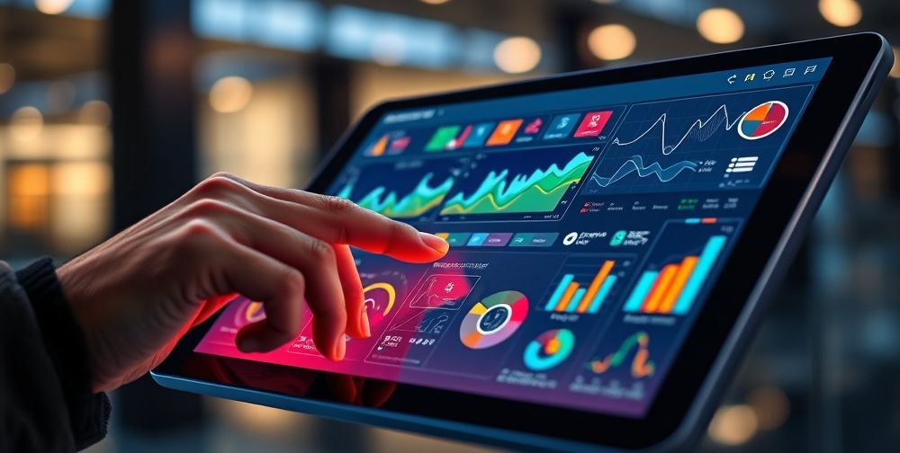 A close-up of a Persian-language AI analytics dashboard on a futuristic transparent tablet, showing colorful charts, heat maps, and predictive graphs, with a hand pointing to highlighted insights among intricate Persian script user data.