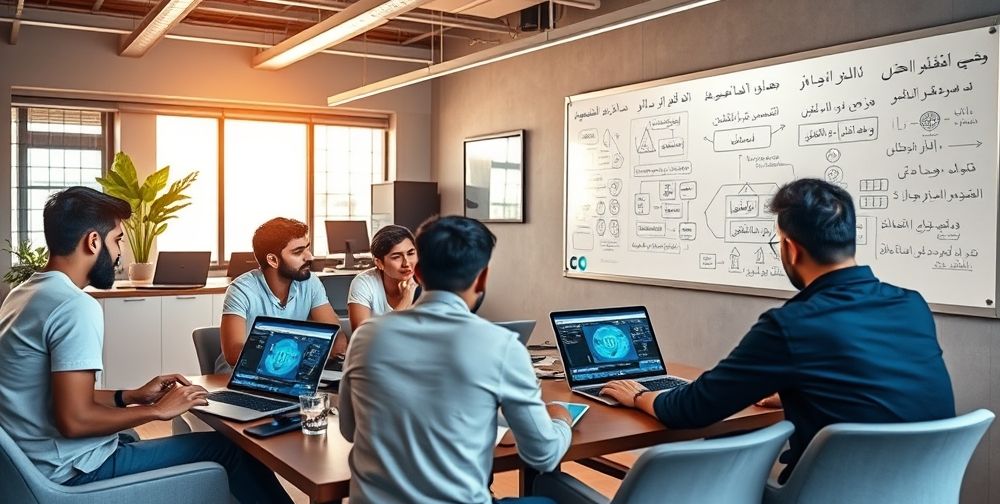 An Iranian startup office with young tech professionals brainstorming, laptops open displaying AI interfaces, whiteboard covered with Persian language algorithm charts and project diagrams, daylight streaming in.