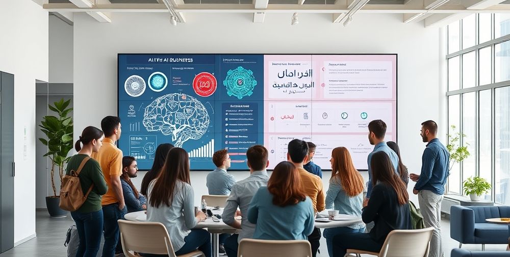 A diverse group of Iranian students and tech entrepreneurs gathered around a large digital screen displaying AI data visualizations, Persian text coding, and a roadmap for AI business strategies, set in a modern co-working space.