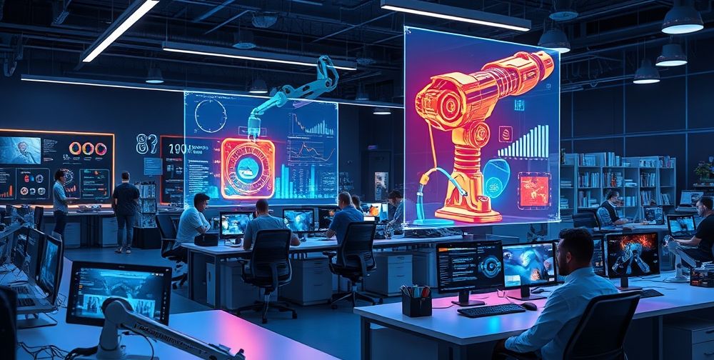 A modern design studio with AI-powered computers and designers collaborating, while digital holograms of futuristic products hover over the workspace. Detailed data visualizations, trend graphs, and robotic arms assisting in rapid prototyping are visible, showing the blend of creativity and AI-driven efficiency.