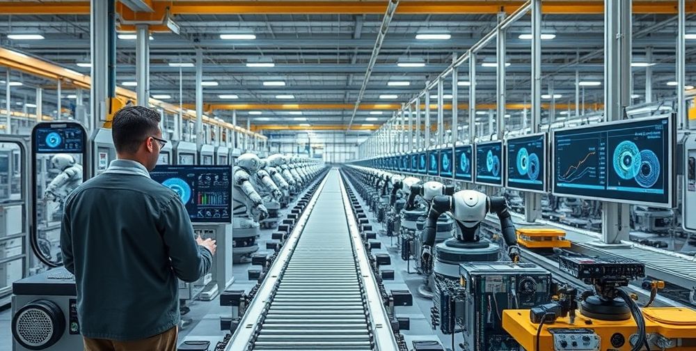 An advanced manufacturing facility with autonomous robots and conveyor belts, AI-driven screens showing real-time product analytics, and engineers monitoring dashboards. The environment highlights the seamless integration of AI in modern production lines, featuring various product prototypes moving through automated inspection zones.