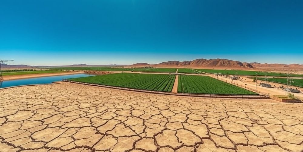 An aerial view of a drought-stricken Iranian reservoir with cracked land, contrasting lush green agricultural zones nearby, showing AI sensors and smart infrastructure monitoring water levels and usage, under a bright clear sky.