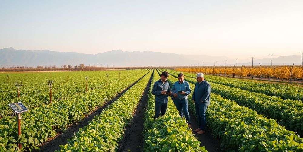 A modern Iranian agricultural field with IoT-powered irrigation systems, solar-powered sensors, and a team of agritech engineers monitoring AI dashboards, against a background of distant mountains and orchards.