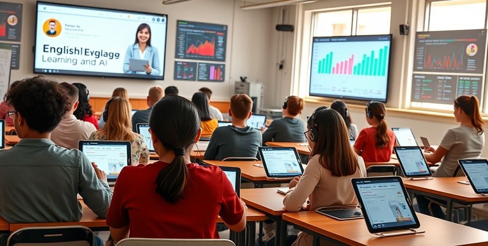 A detailed classroom showing diverse students using tablets and headphones, each engaged with a customized English language app powered by AI. The teacher is assisting remotely, screens display analytics, and progress bars visualize learning levels.