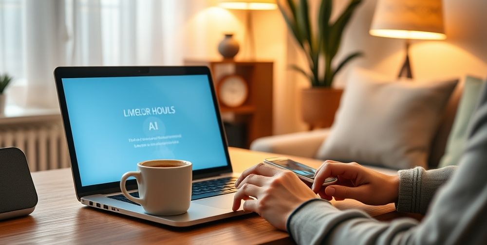 A modern workspace at home, with a laptop displaying an AI-powered English lesson, a cup of coffee, smart speaker, and a user practicing pronunciation in a cozy, distraction-free environment.