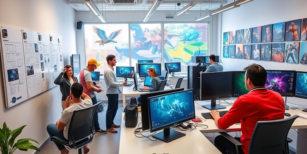 A bright, modern game development studio. Diverse developers brainstorming on digital whiteboards, advanced computers running AI-powered software, and colorful game concept art on the walls.