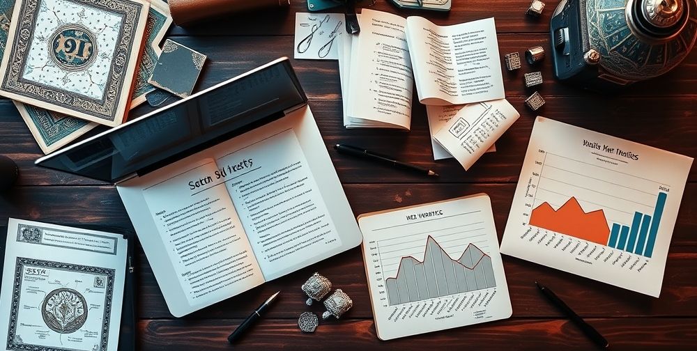 A top-down view of a creative workspace with Persian documents, brainstorming notes, and a laptop displaying an AI content generator interface; next to the laptop, a notepad filled with SEO keywords and a statistical chart comparing traffic performance.