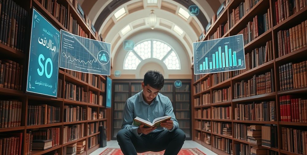 A futuristic, softly-lit Persian library where digital screens display AI-generated articles and SEO dashboards in Farsi; a young content strategist takes notes while books and holographic charts hover nearby.