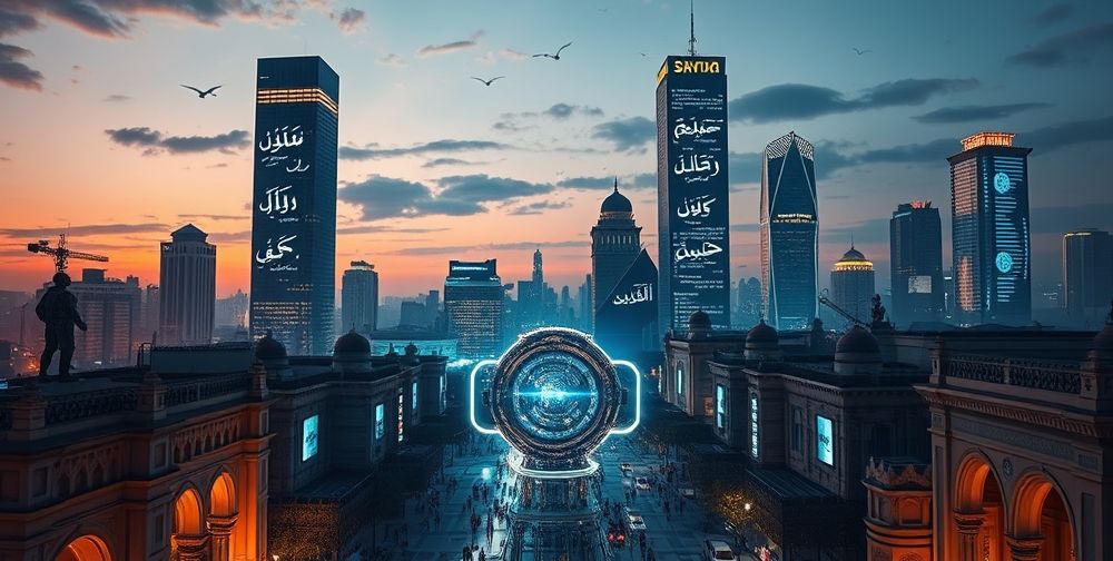 A futuristic city skyline representing Tehran, with digital holograms displaying Persian websites, AI robots optimizing search results, and people engaging with smartphones and computers amidst a blend of tradition and technology.
