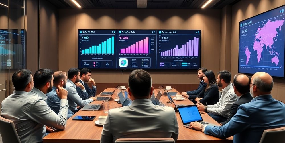 A professional corporate meeting room where startup founders are pitching their AI-powered app to investors. Presentations on screens show data insights and user growth. Iranian and international investors thoughtfully listening. There’s a blend of high-tech devices and traditional Persian coffee.