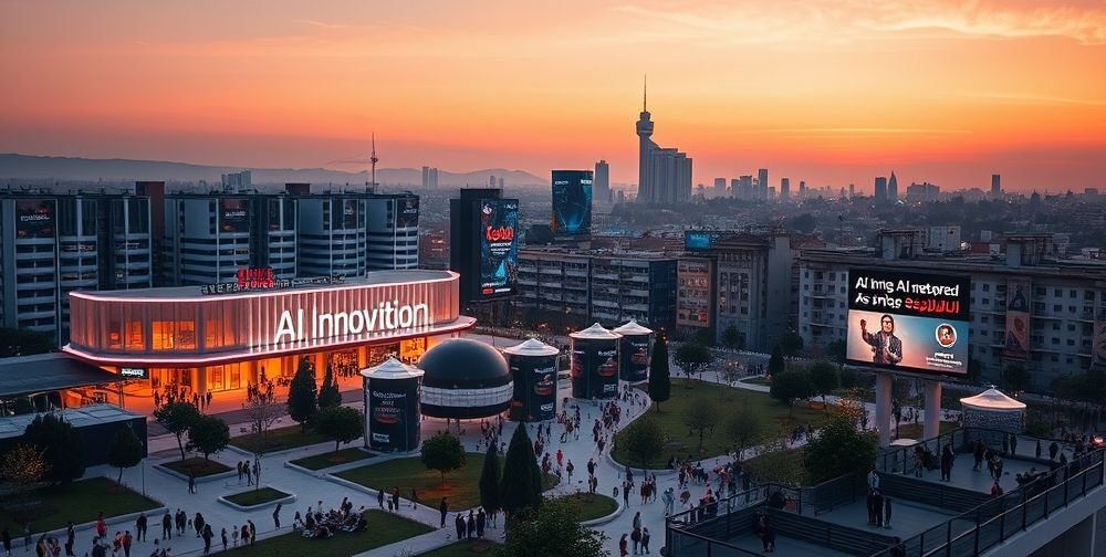 An urban Tehran skyline at sunset with a futuristic AI-powered startup campus, tech hubs glowing, young Iranian entrepreneurs networking outdoors, digital billboards displaying Persian and English AI startup success stories.