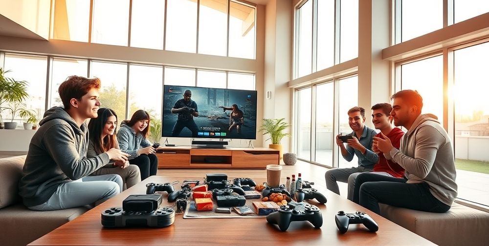 A spacious modern Iranian living room with teenagers playing video games together on a large TV, their faces lit up with excitement, snacks and gaming controllers scattered across a stylish wooden table, warm daylight pouring in through floor-to-ceiling windows.