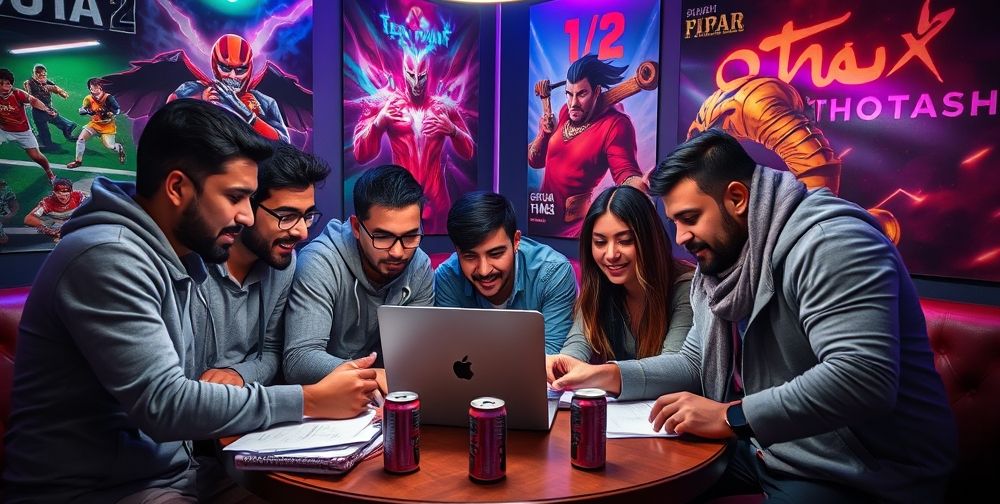 Young Persian men and women discussing tactics enthusiastically around a laptop during an online gaming tournament, with notepads, energy drinks, and colorful posters for famous games like FIFA and Dota 2 under bright neon lights in a cozy urban café.