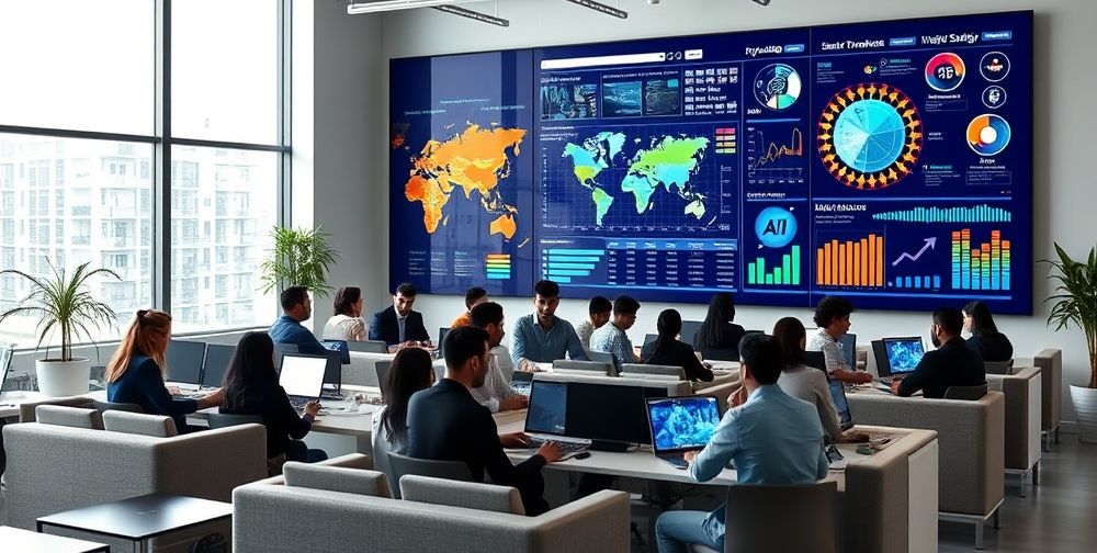 A bright, modern office workspace filled with Persian digital marketers using laptops, while a large screen visualizes keyword clusters, search trends graphs, and spinning AI icons in the background, showing active collaboration.