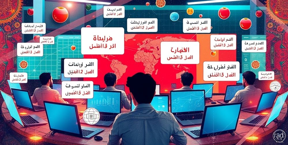 A creative collage showing Persian content creators surrounded by laptops and AI-powered dashboards, with pop-up icons of trending keywords in Farsi and English, blending modern technology with local cultural motifs.
