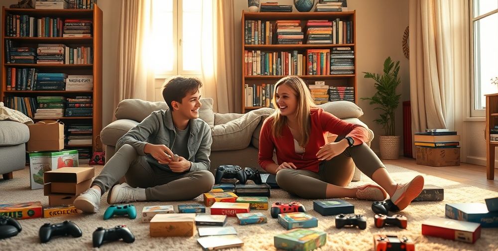 A teenager and a parent sitting on a living room floor, surrounded by scattered board games and video game controllers, both smiling and discussing a recent in-game event, sunlight streaming through a window, a bookshelf filled with games and psychology books behind them.
