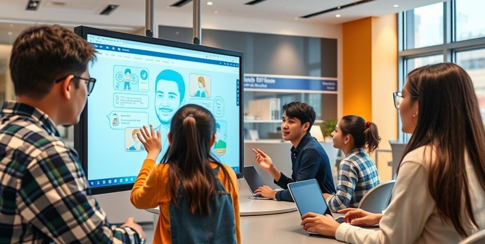A modern online English learning environment, showing a diverse group of Persian students interacting with large touchscreens, smart assistants, and virtual teachers powered by AI algorithms in a bright, engaging setting.