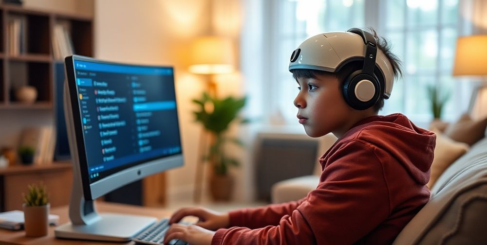 A student in a modern home setting, looking slightly puzzled in front of a digital screen while virtual English lessons are being delivered by a friendly robot assistant, with subtle cues of data privacy and distraction hazards.