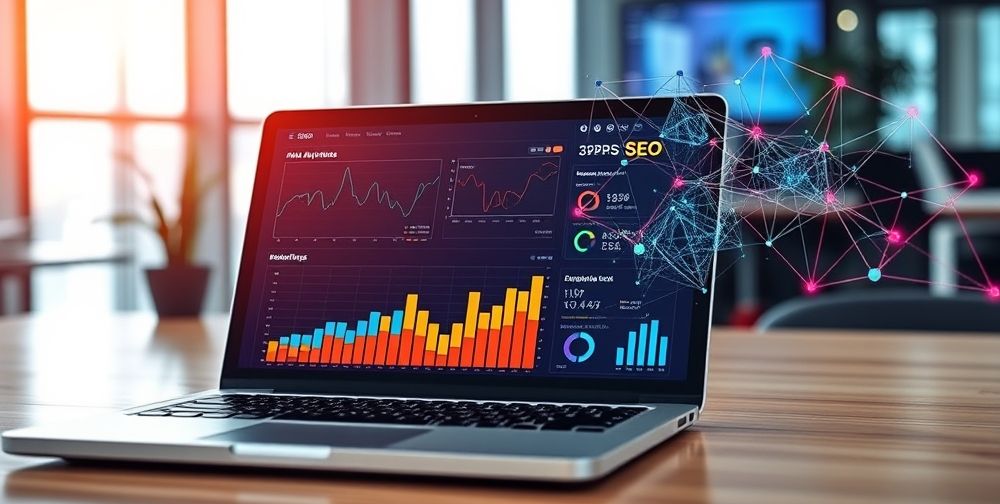 An open laptop displaying analytics graphs, a dashboard with colorful SEO metrics, and abstract AI neural network elements, representing the synergy between artificial intelligence and SEO data analysis in a modern office setting.