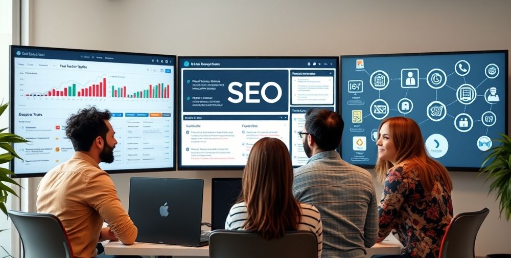 A team of diverse digital marketers and developers collaborating in front of large monitors, screens showcasing SEO dashboards, flowcharts, and artificial intelligence icons, highlighting teamwork in integrating AI with SEO.