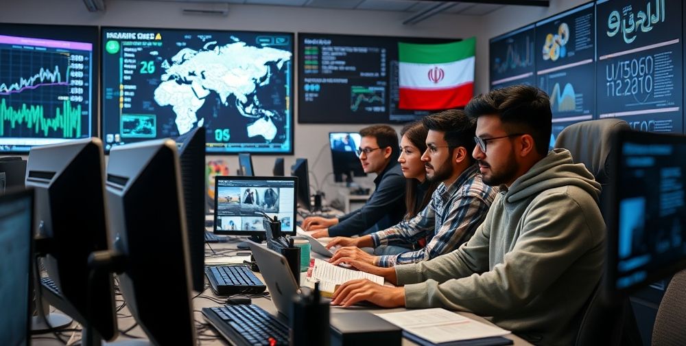 A dynamic scene showing young Iranian computer science students and professors in a modern university AI lab, surrounded by computers, data visualizations, and Persian texts. The atmosphere combines traditional Iranian elements with cutting-edge technology.