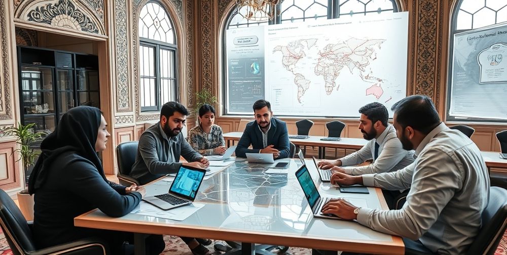 A collaborative workspace in Tehran showing Iranian engineers, policymakers, and startup founders discussing AI integration, with Persian architectural details, digital maps, and futuristic data dashboards enhancing the scene.
