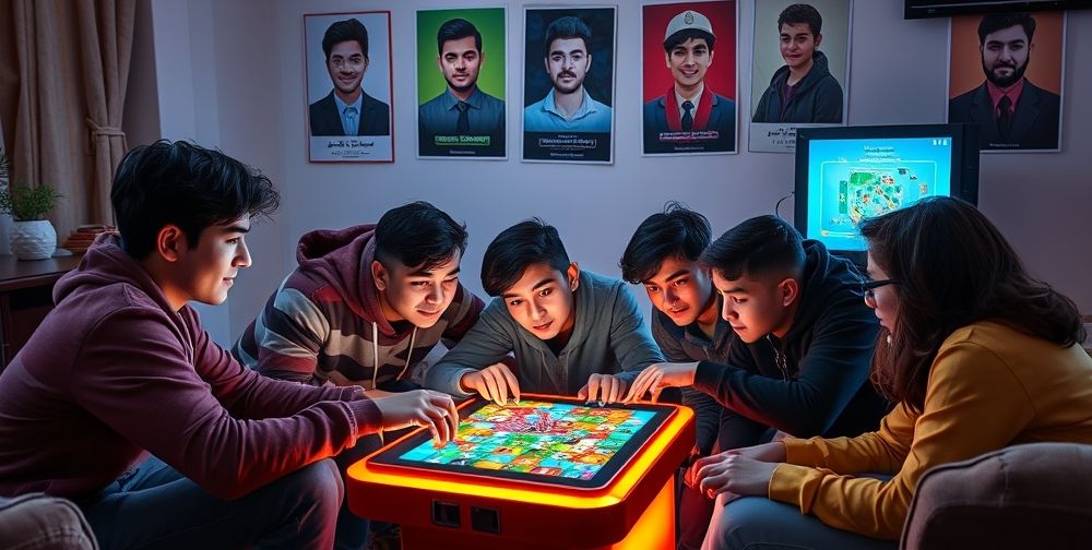 Persian teenagers gathered around a colorful video game console in a cozy living room, brainstorming together over a complex puzzle game. Light from the screen reflects on their animated faces, posters of famous Persian game developers in the background.