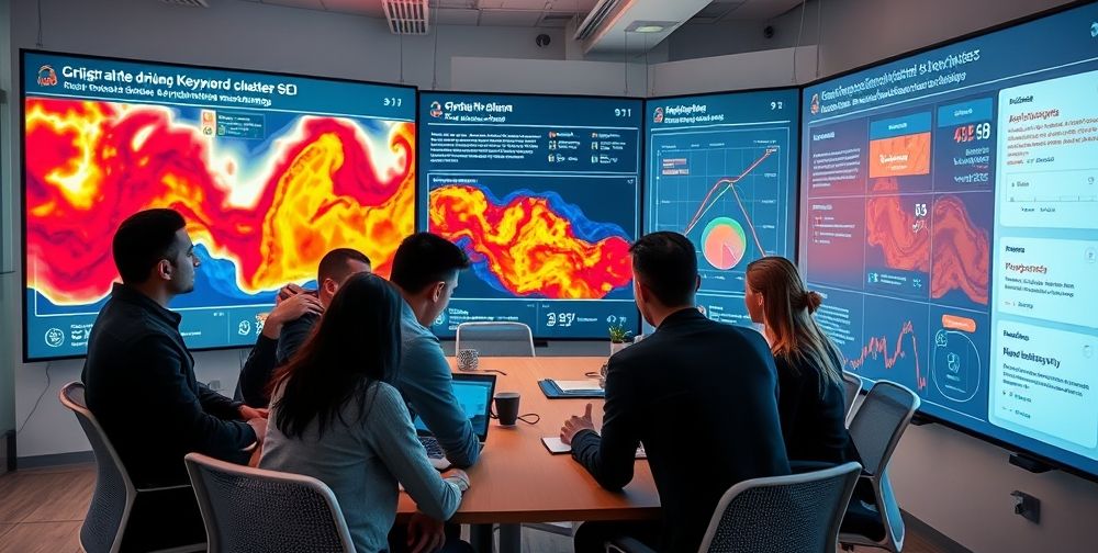A forward-thinking SEO agency team in Tehran, collaborating in a modern meeting room with large digital screens displaying heatmaps, AI-driven keyword clusters, and user interaction flows, illustrating AI’s transformative impact on website optimization and user experience.
