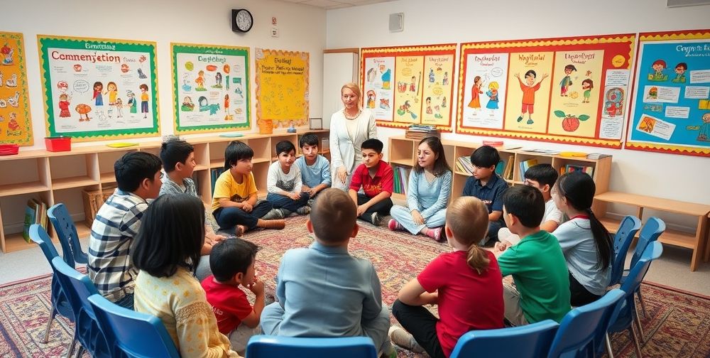 A modern Persian classroom setting with students engaged in a circle, participating in a guided group discussion on empathy, under the supervision of a caring teacher. The walls are decorated with colorful posters illustrating communication and cooperation.