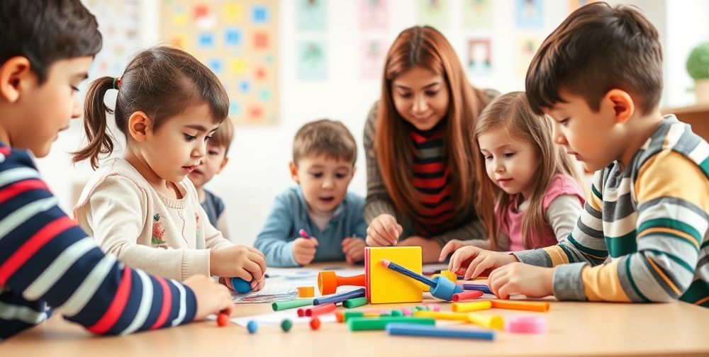 A group of Iranian school children actively participating in a teamwork-based creative workshop in a bright room, using colorful materials to solve a collaborative task, with an encouraging teacher guiding them.
