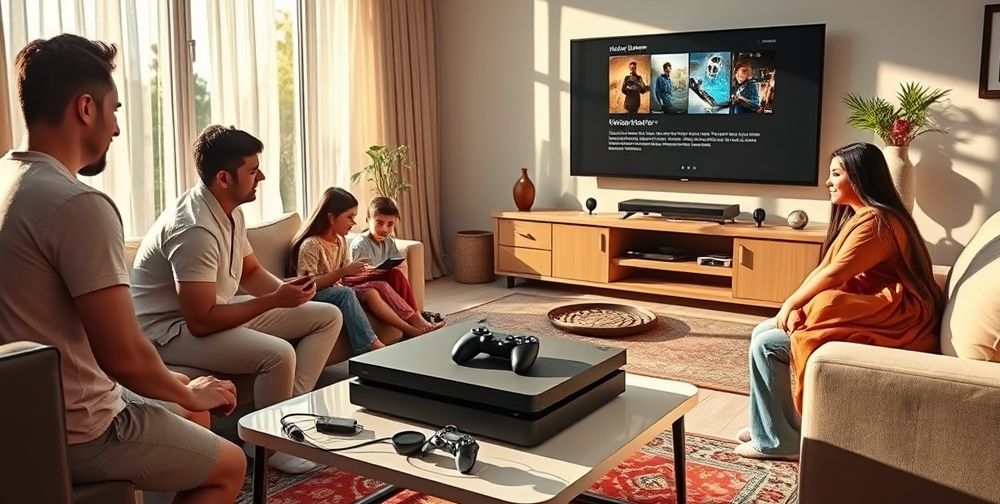 A bright and welcoming living room with a family gathered around a new gaming console setup. The atmosphere is filled with excitement and curiosity as they unbox a PlayStation or Xbox, cables and controllers neatly arranged on a modern coffee table. Sunlight streams through the window, highlighting the sleek black and white design of the console, while a wall-mounted 4K TV displays the initial setup screen. There are subtle Persian rugs and décor, signifying the cultural setting.