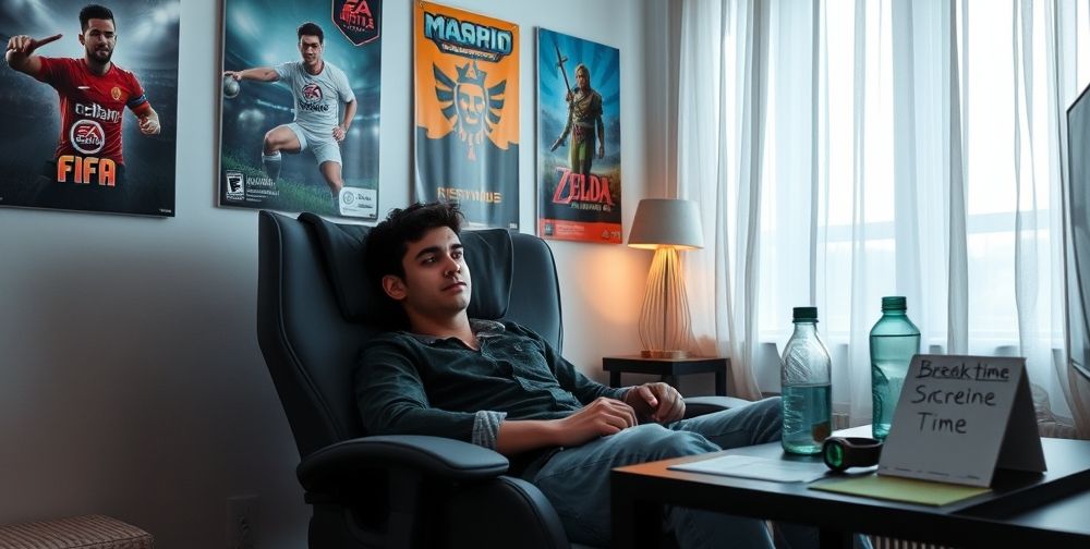 A cozy room with a young Persian gamer resting in an ergonomic chair after a gaming session. Around him, posters of popular console video games like FIFA and Zelda adorn the wall. On a nearby table, a bottle of water, a smartwatch showing break time, and a note about screen time. Soft lighting and a large window with sheer curtains contribute to a relaxed, balanced vibe.