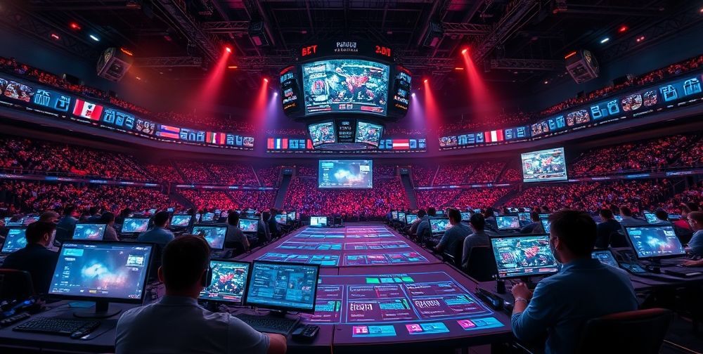 A futuristic multiplayer gaming arena filled with players from different countries, connected by glowing neural networks, dynamic digital scoreboards, and AI-powered holographic controls showing real-time analytics and player stats.