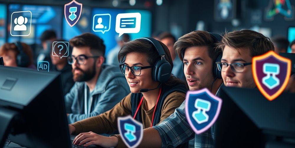 A close-up of diverse gamers at their computers, with expressive faces reacting to in-game events, surrounded by floating AI visual cues such as chat moderation icons, personalized recommendations, and security shields glowing in a stylized digital environment.