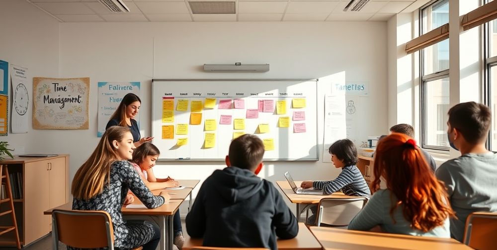 A modern Persian classroom with students of different ages actively participating in group work. The whiteboard shows a weekly planner with colorful sticky notes, teacher monitoring and helping, posters about time management on walls, and sunlight entering from large windows making the atmosphere lively and inviting.