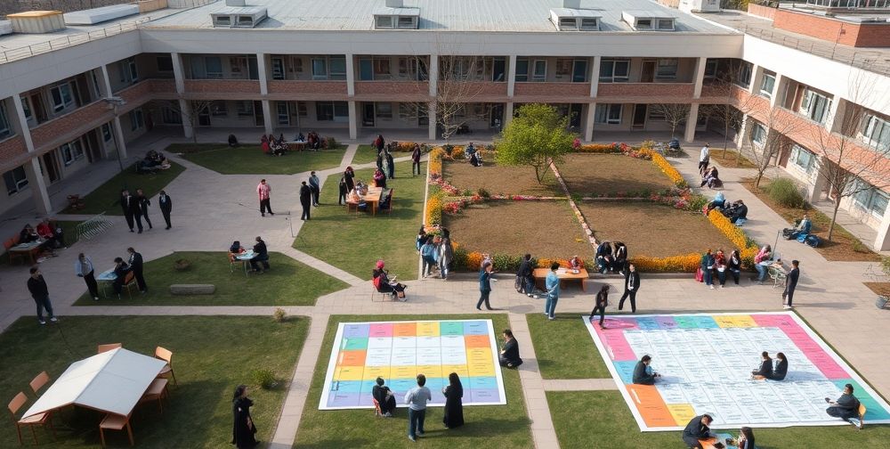 An aerial view of a Persian elementary school campus during morning activities, groups of students gathering at different outdoor zones, some discussing with teachers, others working on projects with large colorful weekly planning charts on display, providing an energetic start to the week.