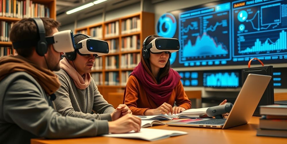 A futuristic library scene featuring Iranian students practicing English conversation using VR headsets and AI language assistants, with digital analytical dashboards in the background.